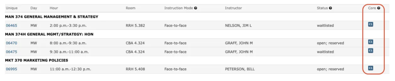 Updated Core Course Select Name Menu