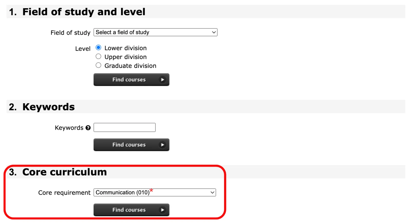 Updated Core Course Select Name Menu